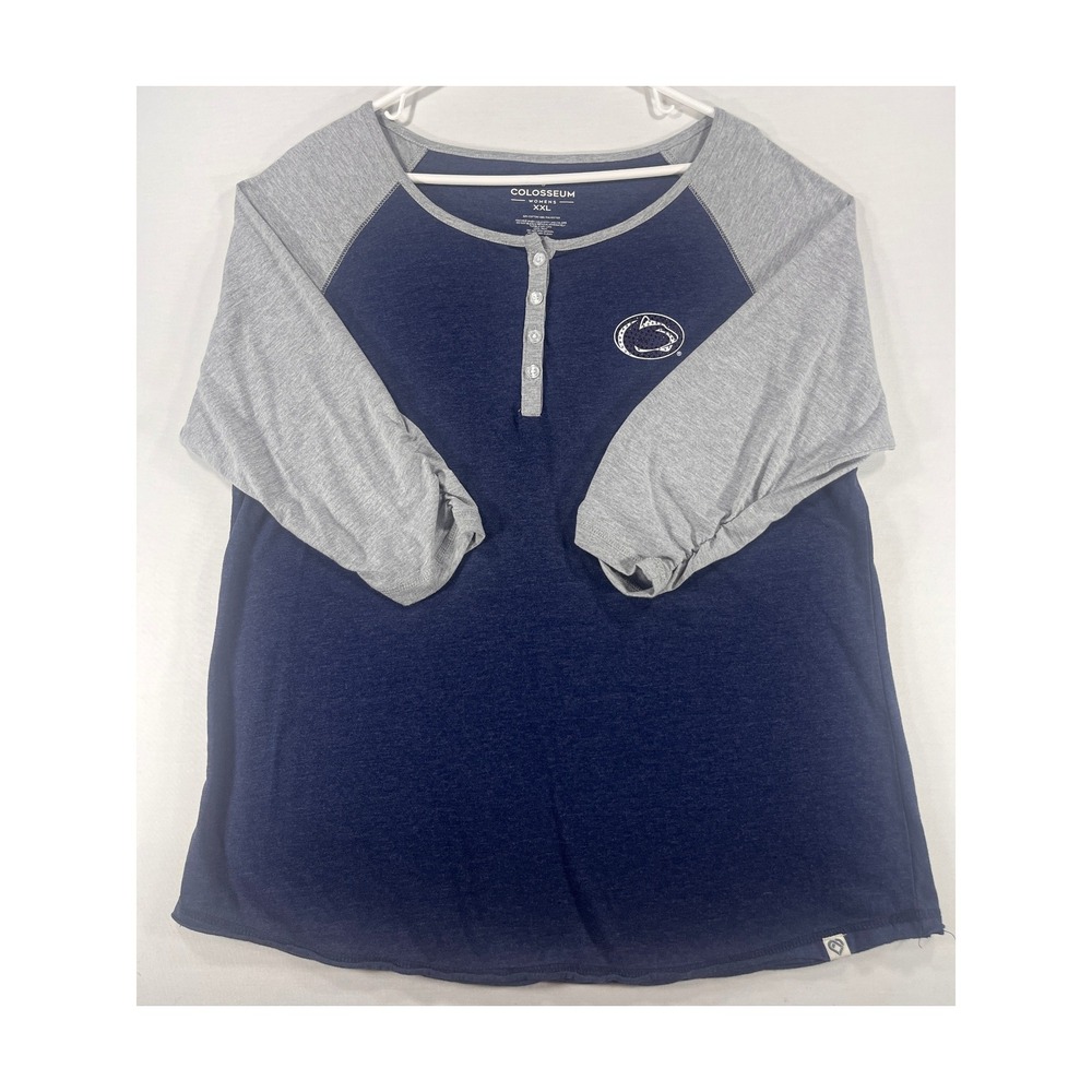 Colosseum Penn State Nittany Lions Navy Blue Gray Henley Raglan Shirt Womens XXL